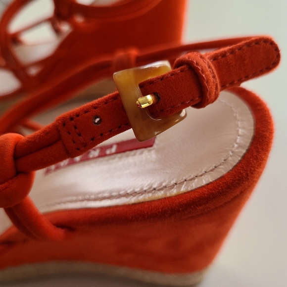 PRADA Platform Wedge Espadrille Strappy Sandal Orange-Red Suede 36 - Picture 6 of 9